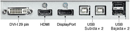 Conectores del monitor Eizo ColorEdge CS240: 1xDVI-I, 1xHDMI, 1xDisplayPort más 2 USB 2.0 de subida y 2 USB 2.0 de bajada