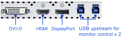 Conectores del monitor Eizo ColorEdge CG2730: 1xDVI-I, 1xHDMI, 1xDisplayPort, más 2 USB 3.0 de subida y 3 USB 3.0 de bajada