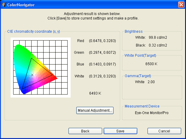 Detalle resultado de calibración con ColorNavigator