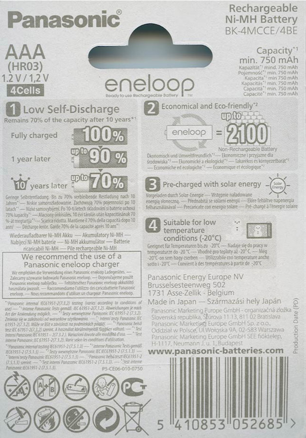 Pilas eneloop 4 AAA Typ. 800 mAh - min 750 mAh de 2100 ciclos (pequeñas)